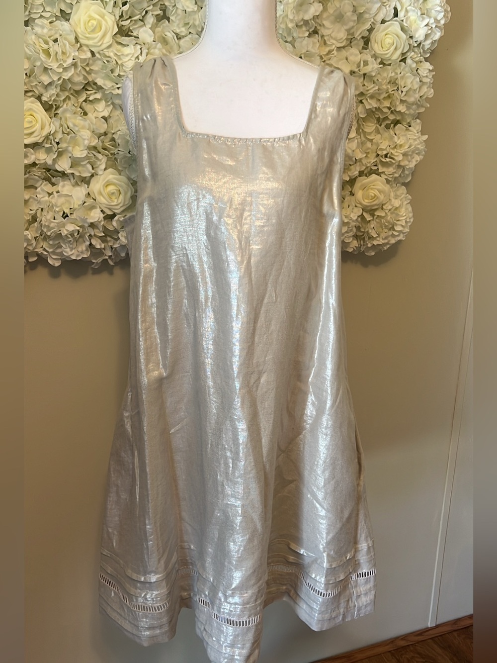 C.C Metallic Silver Beige 100% Linen Square-Neck Mini Dress